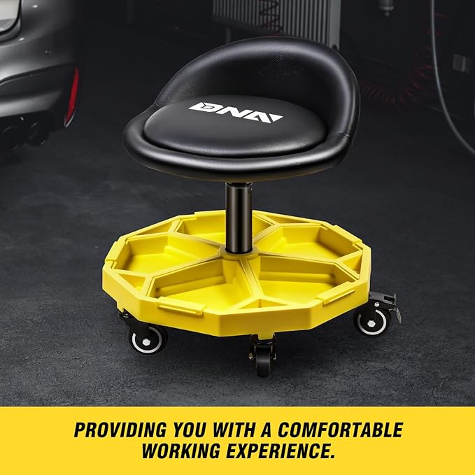 DNA Motoring 350 LBS Rolling Garage Stool, 20.5'' to 25.2'' Adjustable Height Foam-pad Seat, Round Tools Stool, Heavy Duty 3'' Wheels with 2 Brakes, TOOLS-00431