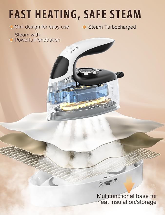 Sundu Small Iron for Clothes with Steam,Travel Iron Portable Non-Stick Soleplate Steamer for Quilting & Sewing,300 Microsteam Holes,90ml Water Tank,Lockable Safety Base