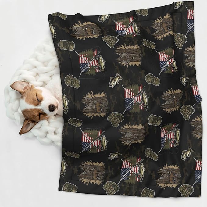 Double Sided Plush Pet Blanket with Cozy Dot Texture, Hunting Deer Bass Fishing Lure Camo Camouflage American Flag Black, Reversible for Dogs Cats on Couches Beds