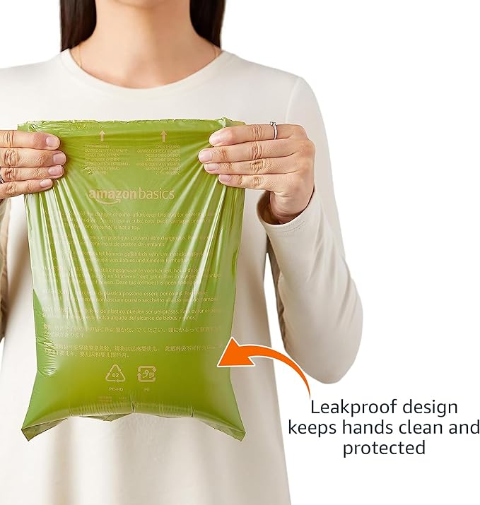 Amazon Basics Premium Leak Proof Dog Poop Bags with Dispenser and Leash Clip, Cucumber Scented, 13" x 9", 270 Count (18 Rolls of 15)