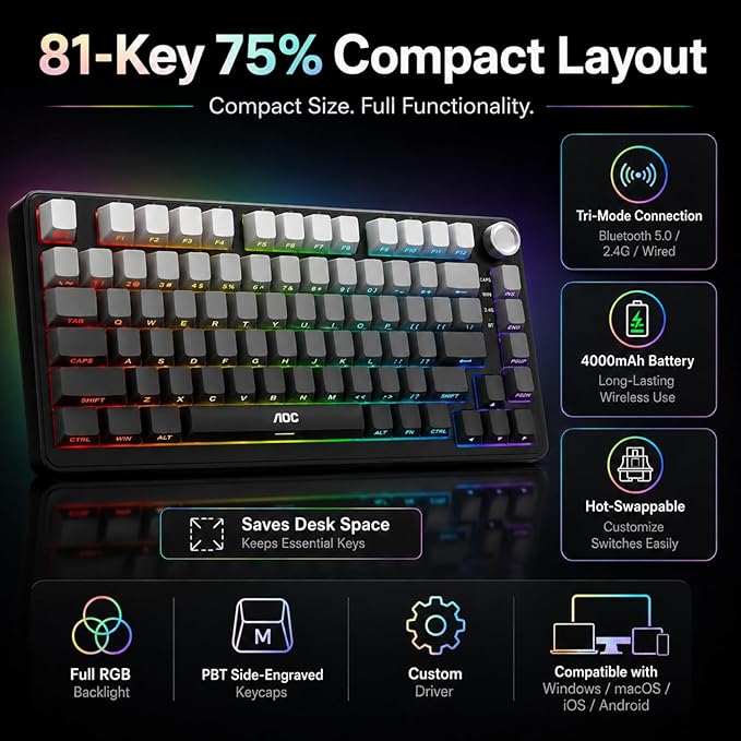AOC GK330 75% Wireless Mechanical Gaming Keyboard, Hot-Swappable 3-Mode RGB | BT/2.4GHz/USB-C Connectivity, Pre-Lubed Reaper Switches, Anti-Ghosting, Gasket Mount and 5-Layer Sound-Dampening Padding
