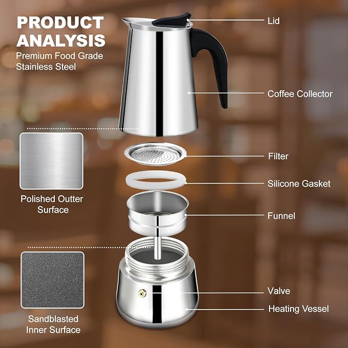9 Cup Stovetop Espresso Maker Stainless Steel Moka Pot Stove Top Percolator Italian Coffee Makers Capable Mocha Greca Machine Cafe Classic Induction Cookers for Home and Camping 450ml 15oz