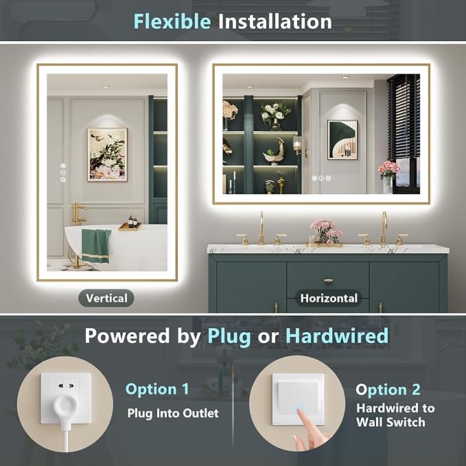 50x40 Gold LED Bathroom Mirror with Lights, Brushed Gold Framed Backlit and Front Lit Anti-Fog Lighted Vanity Mirrors for Bathroom Wall, Dimmable, 3 Colors, Memory, HD Tempered Glass, CRI＞90