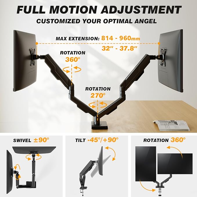 5Rcom Dual Monitor Stand for 17-34 Inch Computer Screens | Gas Spring Full Motion Dual Arms, Each Holds 22lbs, Fits 75/100mm VESA Mount