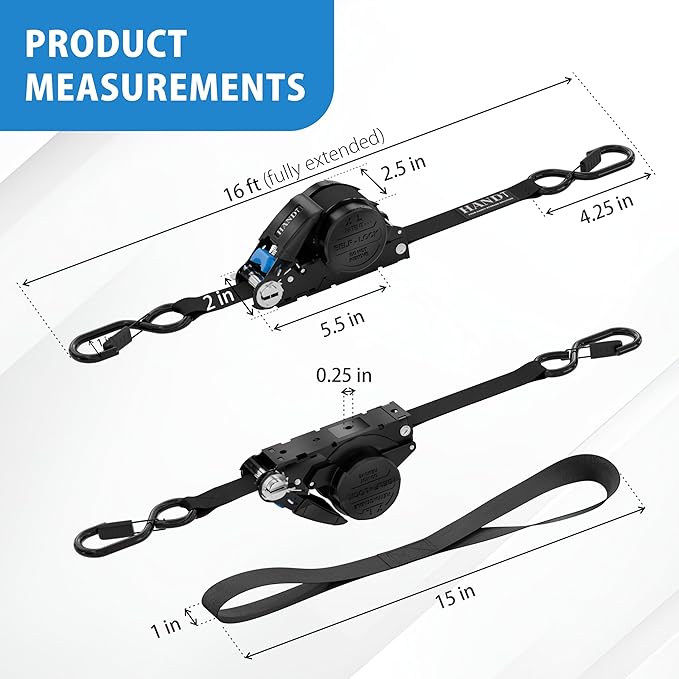 USA Based Retractable Ratchet Straps (2PK) 1in x 16ft - 1,500lb Break Strength, Heavy Duty Automatic Ratchet Straps Self Retractable Tie Down, Push Button Retracting Truck Trailer Cargo | Black