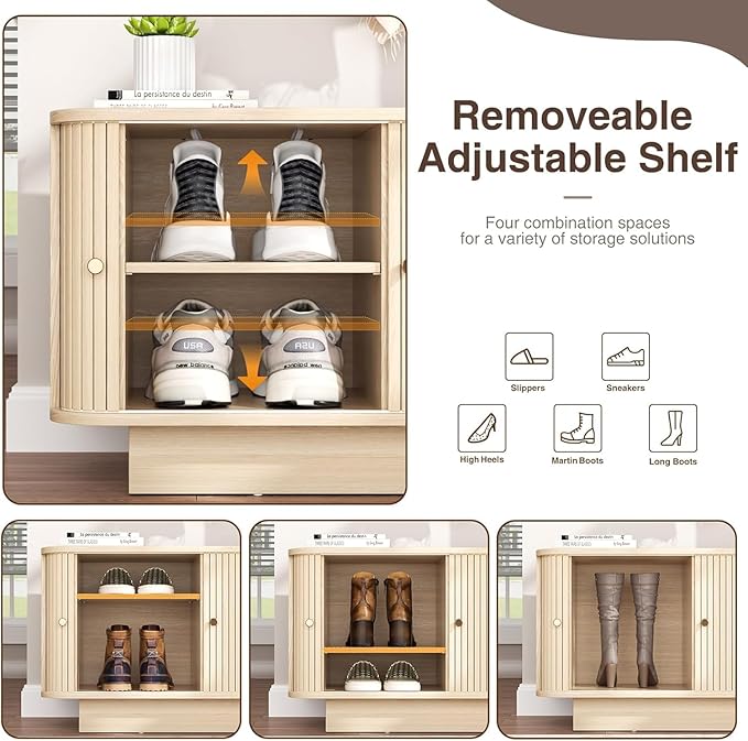 31" Shoe Storage Bench Dark Oak Entryway Storage Bench with Sliding Doors, Padded Cushion and 5 Metal Wall Hooks for Hallway, Living Room