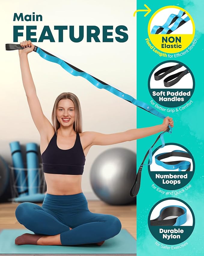 Stretching Strap with Loops - Non Elastic Stretch Band for Physical Therapy, Yoga Strap for Stretching Equipment, Stretch Bands for Exercise and Flexibility - Fascia, Hamstring & Leg Stretcher Belt