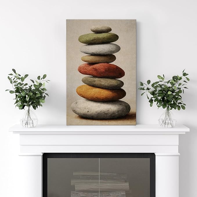 wall26 Canvas Print Wall Art Stacked Zen Stones in Rain Tranquil Nature Photography Realism Rustic Colorful Multicolor for Living Room, Bedroom, Bathroom - 16"x24"