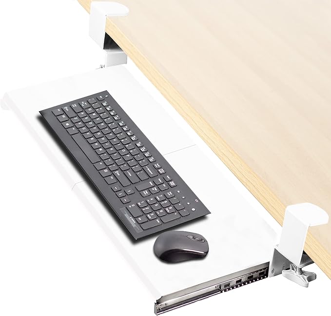 VIVO Large Clamp-on Computer Keyboard and Mouse Under Desk Slider Tray, 27 x 11 inch Pull Out Platform Drawer, White, MOUNT-KB05W | Keyboard Tray for Typing, Slide Out Platform, Extra Sturdy C-Clamp Mount System, Computer Drawer, White Frame