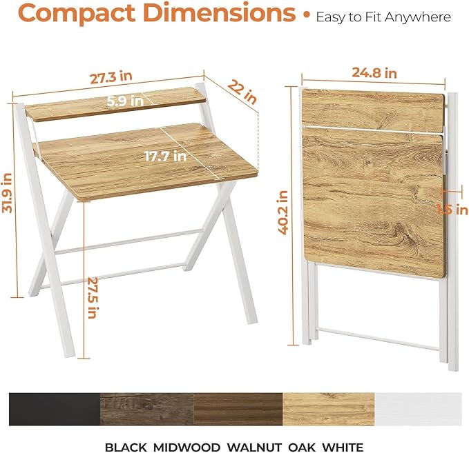 GreenForest Folding Desk No Assembly, Sturdy Computer Desk for Small Spaces | Portable Foldable Table for Laptop, 2-Tier Compact with Shelf, Space Saving for Home Office, Dorm, Apartment, 27.3"x 22" Oak