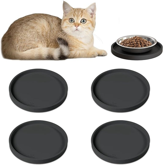 Arespark Pet Silicone Food Mat, Set of 4 Nonslip Waterproof Feeding Bowl Mat with Raised Edges for Food and Water Prevent Spills, Round Eating Tray for Dog Cat Puppy Kitten, 6'' x 6''