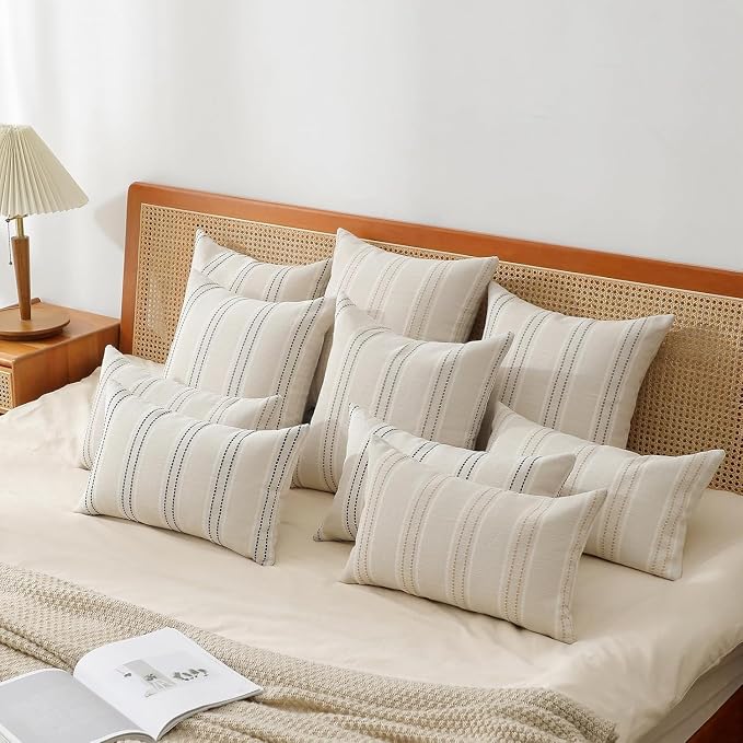 Hckot Stripe Throw Pillow Covers 12x24 Lumbar Khaki Farmhouse Pillow Covers | Modern Decorative Pillows Textured Linen Cushion Covers for Sofa Couch Bed Living Room Decor