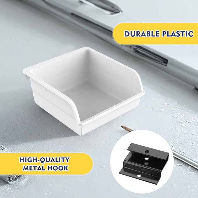 Slatwall Bins with Hooks Plastic Slatwall Organizer Slatwall Containers Workbench Bins for Slat Wall Organizing Hardware, Garage, Craft Room, Tool Shed, Hobby Supplies (12, White)