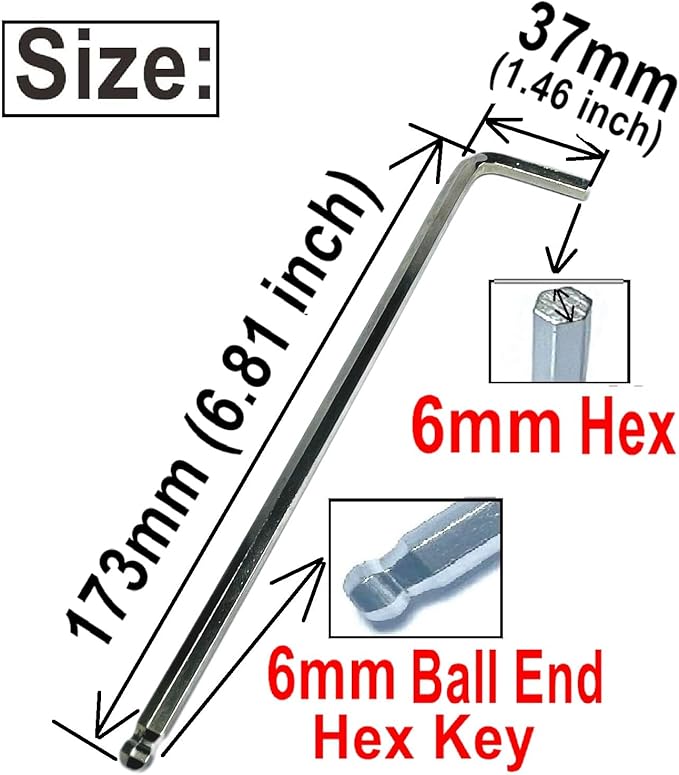 2pcs 6mm Ball End Allen Wrench sets,6mm Hex Key Wrench set,6mm ball end Hex Driver allen key Door Key L Shaped hex wrench set with Long Arm 173mm lengh.6mm ball end hex wrench