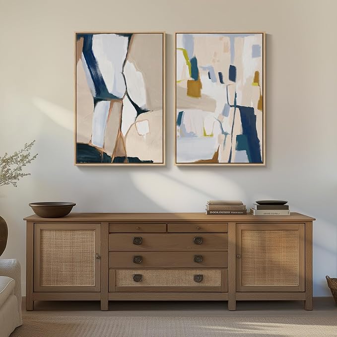 Large Framed Neutral Abstract Wall Art, 2 Piece Beige and Navy Blue Modern Minimalist Canvas Prints Paintings Artwork for Walls, Colorful Pictures for Living Room Dining Bedroom Wall Decor 20x30 In