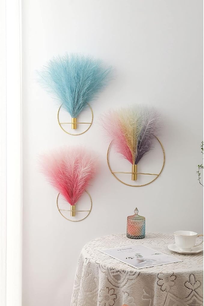 Pretty Jolly Boho Pampas Wall Decor Gold Metal Wall-Mounted Art | Morden Artificial Greenery Display，2 Pack Hanging Planter For Living Room, Bedroom, Bathroom, Dining room
