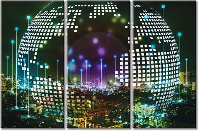 Smart City and Information Technology Abstract Canvas Wall Art Communication Technology Concept Artwork Black and White Wall Art 3 Panel Artwork for Home Walls Framed Ready to Hang (42"Wx28"H)