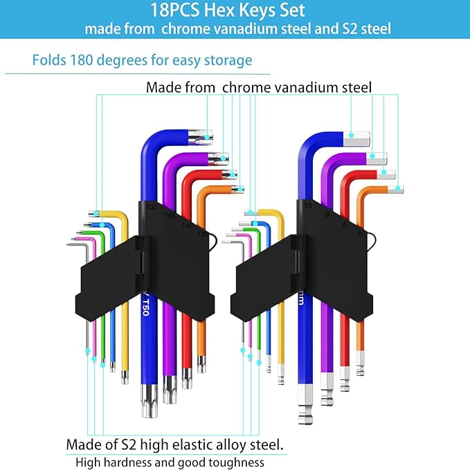 18 PCS Hex Key Set, Color-Coded, Chrome Vanadium Steel, Industrial Grade, T10-T50