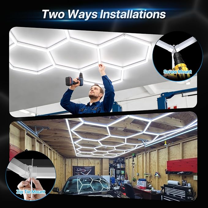 HYPERLITE Gen 2 Hexagon Garage LED Light, Upgraded 3 Level Dimmable 399W 39900LM Super Bright Garage Detailing Lights, 14 Grids Hex Shop Lights, Hexagon LED Lights for Basement, Car Detailing, Gym