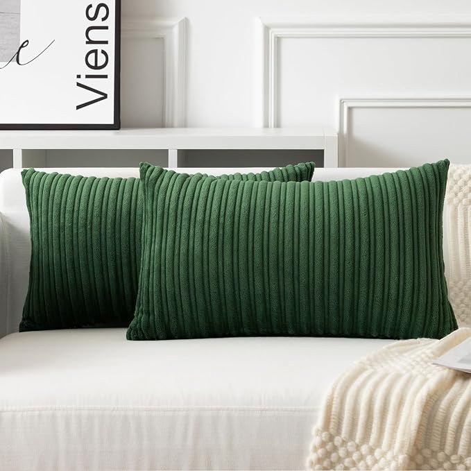 UGASA 14x24 Inch Christmas Pillow Cover Pack of 1 Soft Boho Stripe Corduroy Long Rectangle Lumbar Cushion Case Farmhouse Decorative Pilowcase for Bed Couch Sofa Bedroom, Christmas Green