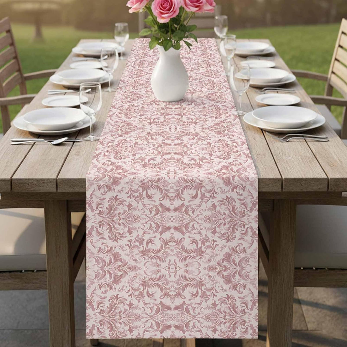 Pink Baroque Table Runner 70 Inches Long, Kitchen Dining Table Decoration, Farmhouse Scroll Floral Damask Patterned Coffee Tablerunner Dress Scarves Farmhouse Décor for Party, Holiday, 13 x 70