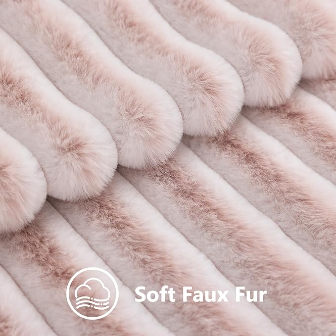 decorUhome Fall Faux Fur Throw Pillow Covers 12x20 Set of 2 Pink White | Decorative Soft Cozy Striped Plush Modern Farmhouse Boho Couch Pillow Cases Velvet Back for Sofa Bed Living Room Home Decor