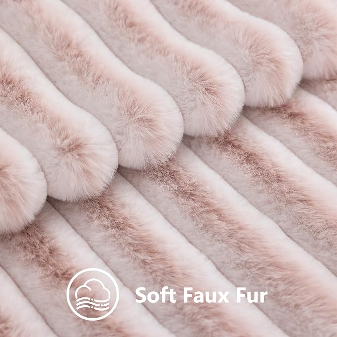 decorUhome Fall Faux Fur Throw Pillow Covers 20x20 Set of 2 Pink White | Decorative Soft Cozy Striped Plush Modern Farmhouse Boho Couch Pillow Cases Velvet Back for Sofa Bed Living Room Home Decor