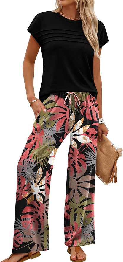 WIHOLL Two Piece Set for Women Summer Spring Outfits Matching Sets Women Clothing Airport Travel Vacation Wide Leg Pants
