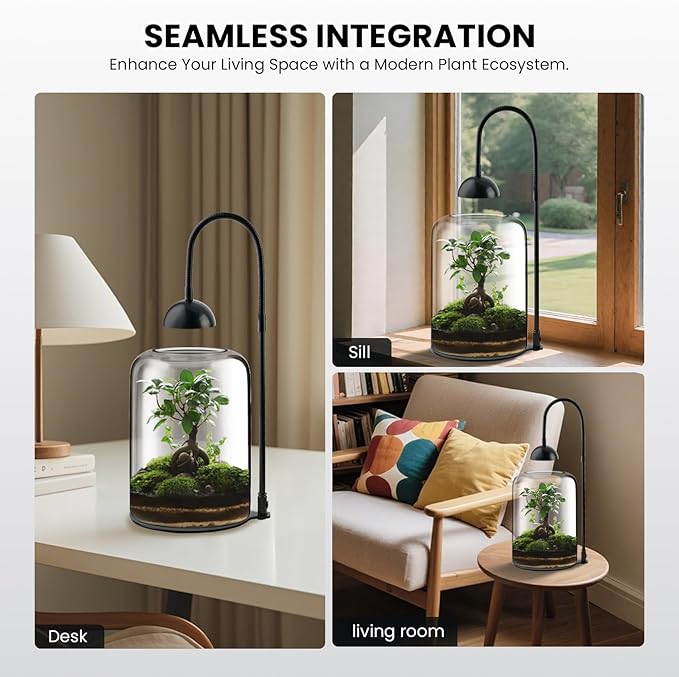 Glass Plant Terrarium with LED Grow Light & Adjustable Ventilation, 8.2" Desktop Terrarium for Venus Fly Trap, Moss & Succulents, Borosilicate Indoor Planter for Home Office Decor