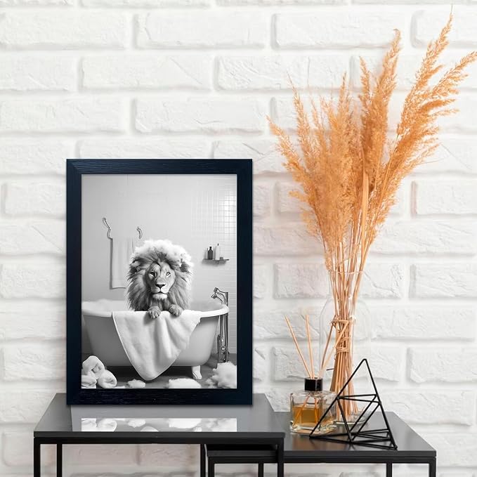 Framed Black and White Animal Bathroom Wall Art Funny Lion in tub Bathroom Pictures Wall Decor Bathtub Print Paintings