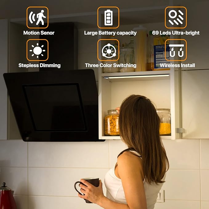 69 LED Under Cabinet Lighting 2 Pack, 3 Color Motion Sensor Light Indoor, 3000mAh Rechargeable Stepless Dimmable Closet Lights, Wireless Battery Operated Under Counter Light for Kitchen