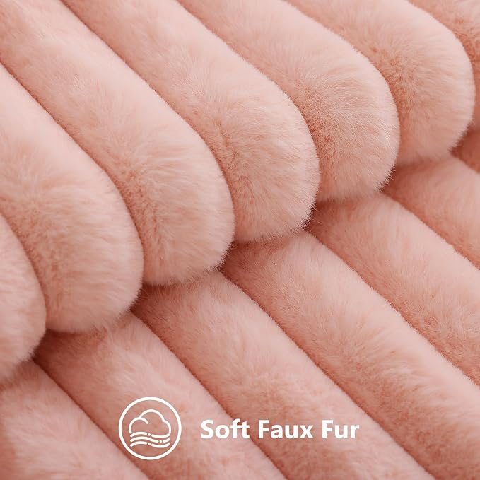 decorUhome Fall Faux Fur Throw Pillow Covers 18x18 Set of 2 Blush Pink | Decorative Soft Cozy Striped Plush Modern Farmhouse Boho Couch Pillow Cases Velvet Back for Sofa Bed Living Room Home Decor