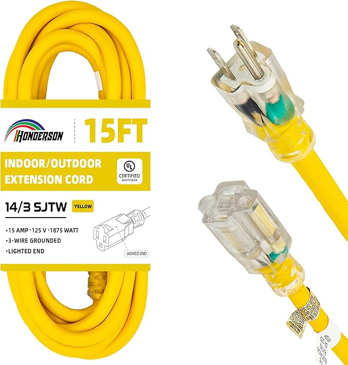 Indoor Outdoor Extension Cord Weatherproof with Lighted End, UL Listed, 14 Gauge 15FT Yellow 3 Prong Heavy Duty, 14/3 SJTW 15A Power Cord for Outdoor Lights, Lawn