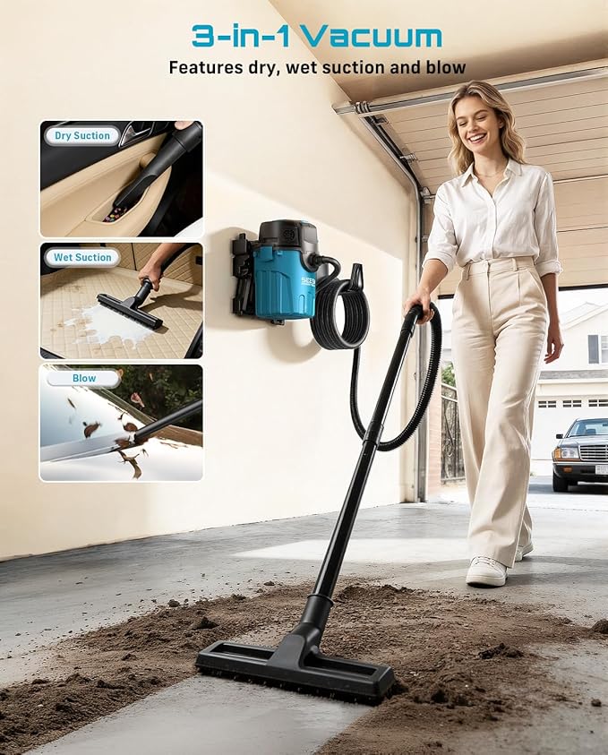Seesii Garage Vacuum Wall Mounted Shop Vac, 6.6 Gallon 5.5 Peak HP Shop Vacuum Wet and Dry with 30Ft Flexible Hose, Attachments, Storage Bag, Cartridge Filter Ideal for Garage, Car, Workshop, Home