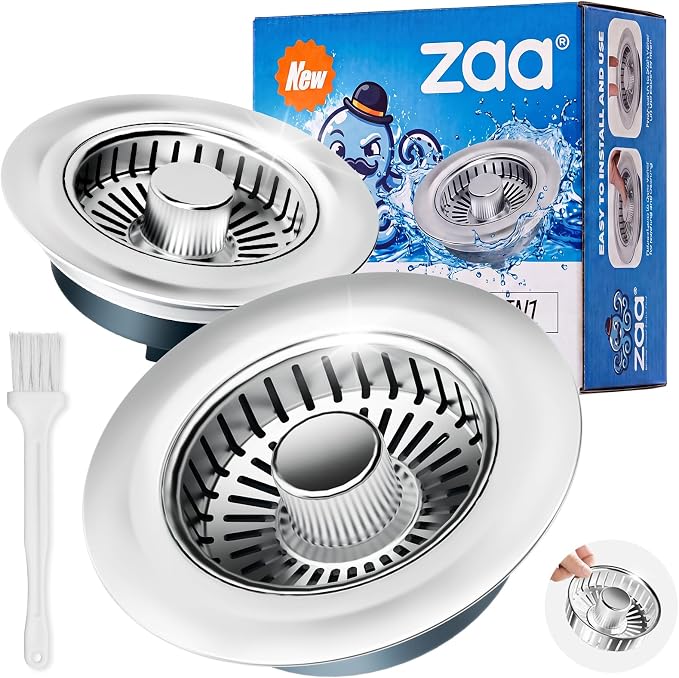 zaa 3 in 1 Kitchen Sink Drain Strainer Stopper Removable Basket Pop-Up | Kitchen Sink Accessories 2 Pack Brushed Silver Stainless - Food Catcher, Odor-Blocking Seal, Fits 3.5" Drain