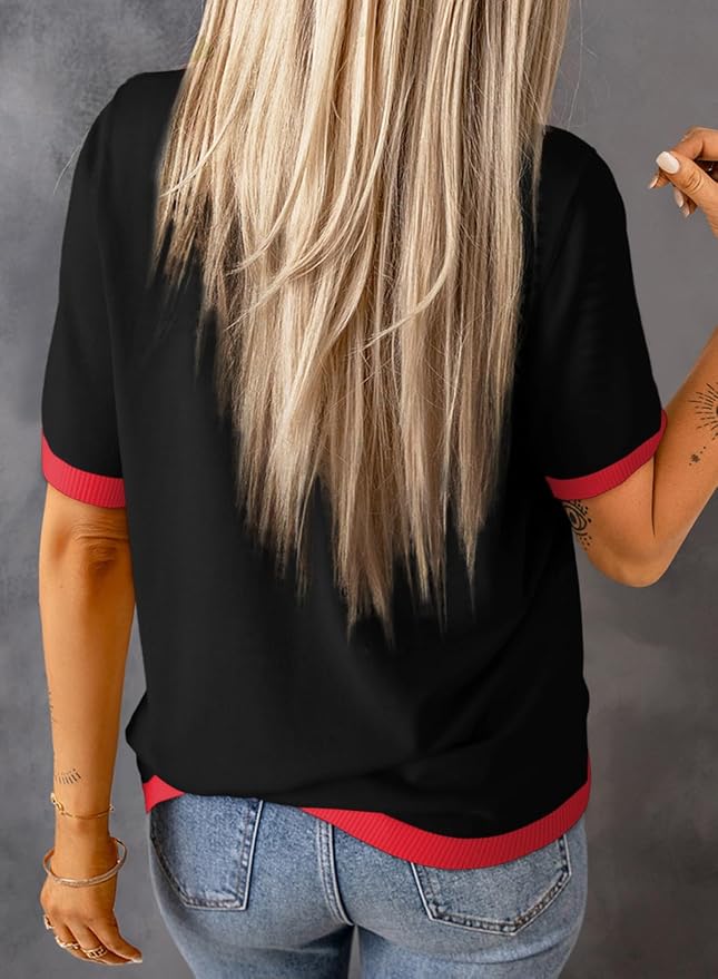 Dokotoo Womens Tops 2026 Casual Summer Crewneck Short Sleeve Striped Color Block Knit High Low Trendy Pullover Sweaters