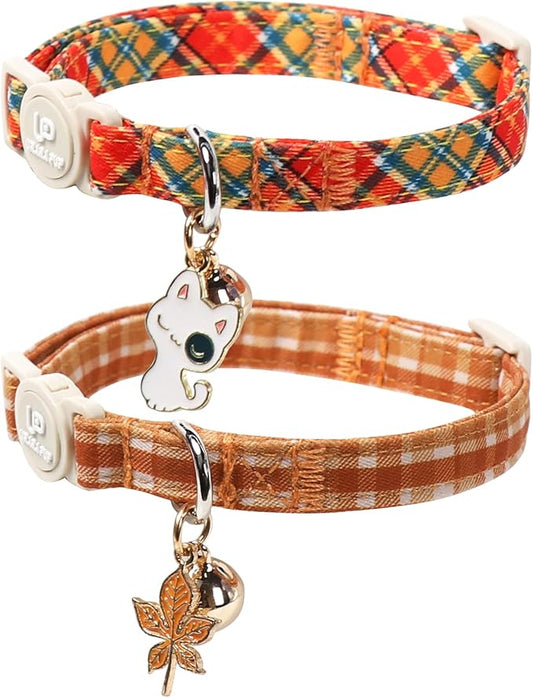 Cat Collar-2Pack Autumn Orange Plaid Kitten Collars-Halloween Plaid Breakaway Kitty Collars-Cute Kitty Pendants,Yellow Orange Grid Cat Collar with Bell, for Girl & Boy Cats
