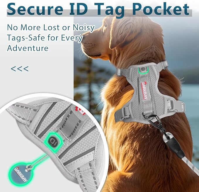 BARKBAY Dog Harness No Pull with ID Tag Pocket - Heavy Duty, Reflective, Easy Control for Large Dogs(Grey,XL)