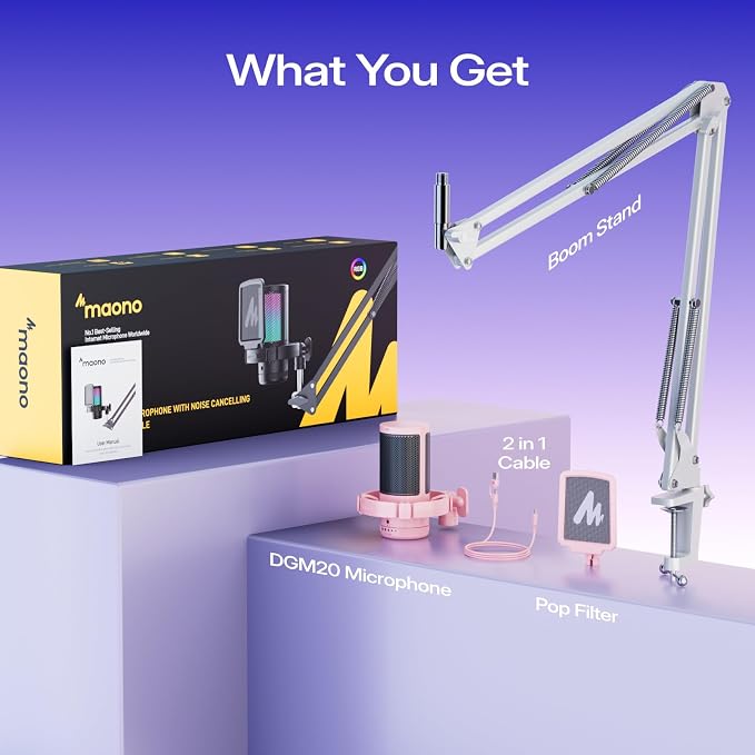 MAONO DGM20S USB Microphone for PC with Clear Voice & Noise Reduction | RGB Lighting, Tap-to-Mute, Gain Control, Monitoring and Boom Arm for Discord Gaming, Streaming, Content Creation.Pink