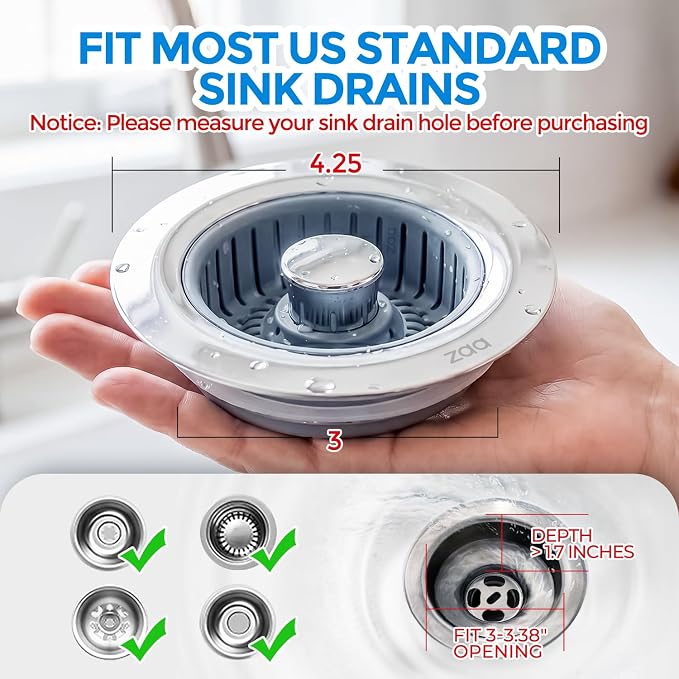 zaa 3 in 1 Kitchen Sink Drain Strainer Stopper Removable Basket Pop-Up | Kitchen Sink Accessories 1 Pack Silver Stainless - Food Catcher, Odor-Blocking Seal, Fits 3.5" Drain, Easy Clean