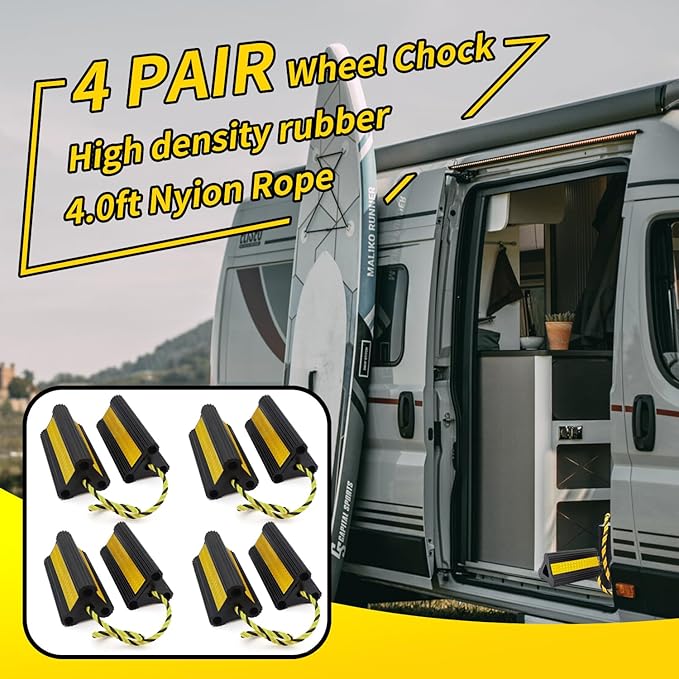 Vacallity Wheel Chocks for Travel Trailers [4 Pair 8 Pack], Sturdiness Heavy Duty Solid Rubber Camper Trailer RV Wheel Chock Blocks, for Aircraft&Truck&Car tire Stopper, Wheel Immobilizers & Chocks