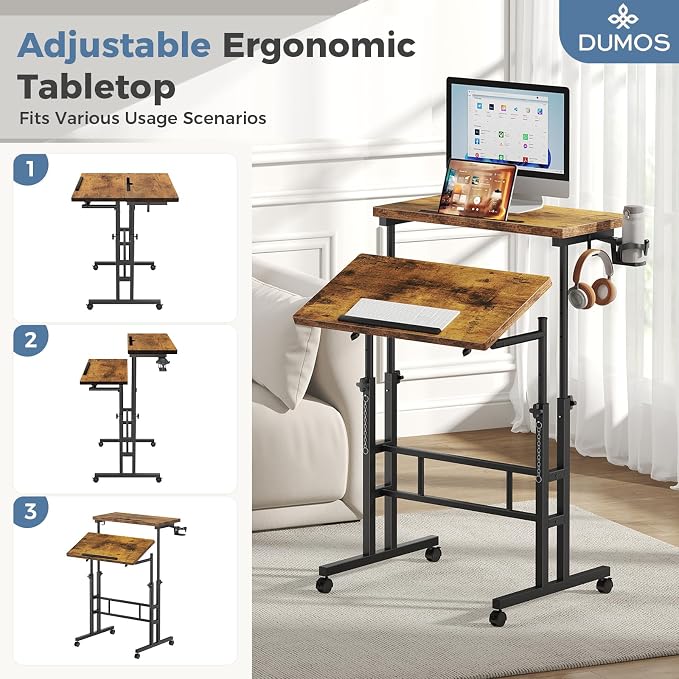 DUMOS Rolling Standing Desk, Sit Stand Desk, Computer Cart | 23.6 Inch Width, Height Adjustable, Split Top, Mobile Laptop Workstation, Office Table, Portable Design, Rustic Brown
