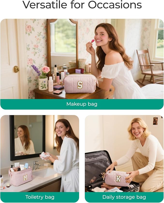 BAGSMART Birthday Gifts Personalized Initial Makeup Bag, Trendy Stuff Gifts for Women Bridesmaid Graduation, Puffy Padded Make Up Bags for Women, Wide-open Toiletry Bag, Pink E