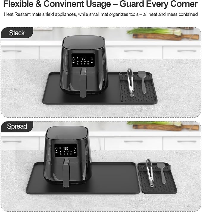 Silicone Grill Coffee Mat, Side Shelf Spatula Mat with Drip Pad - Flat Top Grill Smoker Accessories for Coffee, Bar, BBQ, Cooking, Countertop, Bar Grill Accessories Heat Resistant