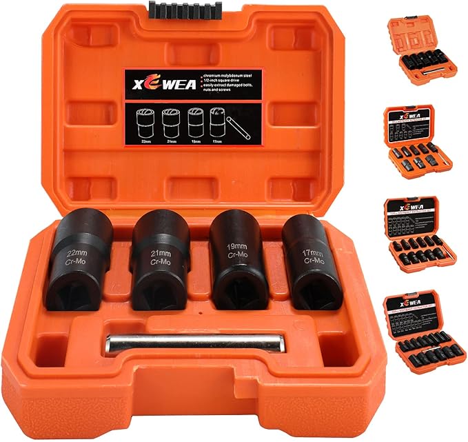 XEWEA Bolt Nut Extractor Set, 5PCS 1/2 Drive Easy Out Broken Wheel Tire Lug Nut Extraction/Remover Socket Set for Damaged, Frozen,Studs, Rounded Stripped Bolts & Nuts Screws