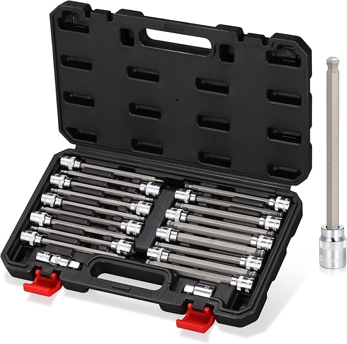 3/8 Inch Drive Long Ball End Hex Bit Socket Set,20-Piece SAE & Metric Allen Socket Set 3mm to 10mm & 1/8-3/8 Inch S2 Steel Bits