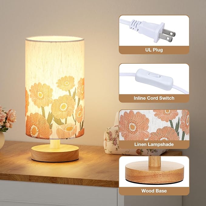 Fenmzee Small Table Lamps (Sunflower Cream Shade, 9" Inline Control) | 3000K LED Blub Included | 680 Lumens | Easy Assembly | Minimalist Design | E26 | for Kitchen | for Kids Room
