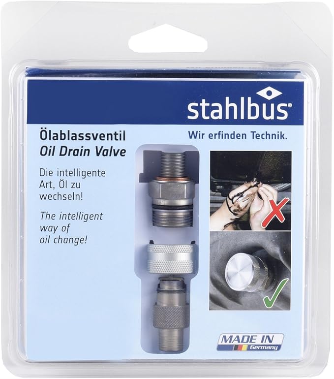 Stahlbus Oil Drain Valve Plug M24x2.0x12mm Steel - CLEAN, EASY, NO TOOL Oil Change - Includes Oil Drain Plug, Washer, Cap, Connector, Silicone Hose