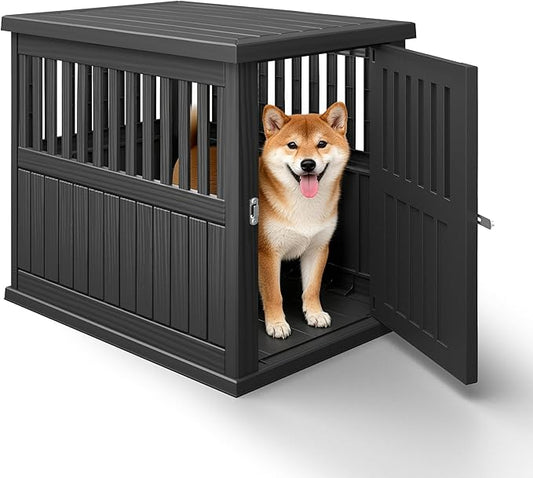 Bifanuo Dog House 30-Inch Dog Crate Furniture, Heavy Duty Dog Crate for Small Dog, Lockable Indoor Outdoor Dog Kennel & End Table, Decorative Plastic Pet Cage (Black)