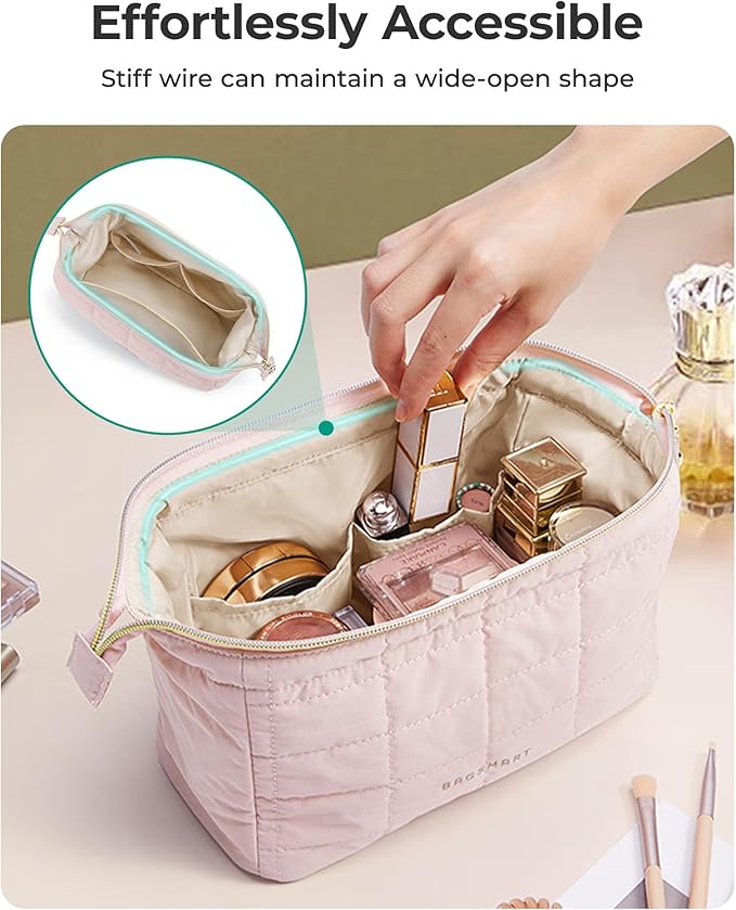 BAGSMART Makeup Bag Travel Toiletry Bag, Wide-open Zipper Pouch, Sage Green | Puffy Padded, Travel Essentials, Make Up Bag, For Women, Makeup Organizer, Toiletries Accessories Brushes